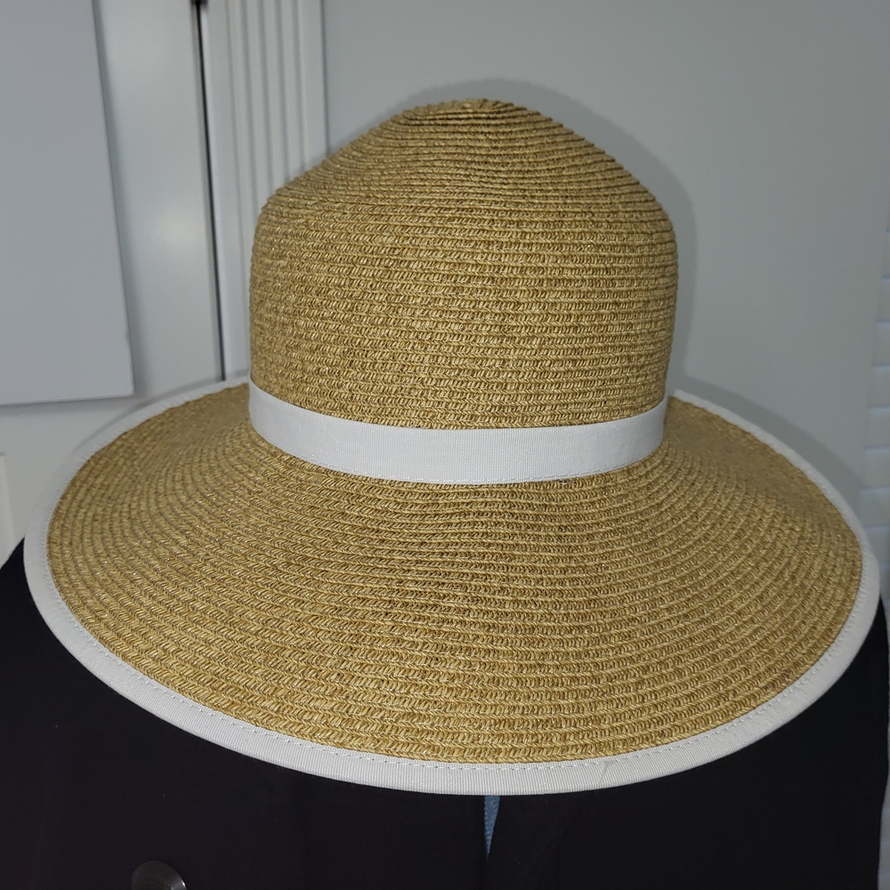 Chic Beige Straw Hat with Wide Brim and White Trim